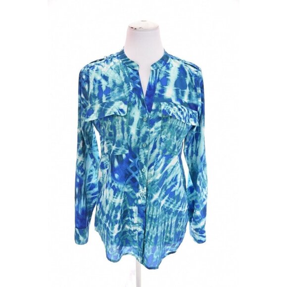 Calvin Klein Sz XS Blue Batik Ikat Military Button Up Shirt Tunic Top Womens - Picture 1 of 8